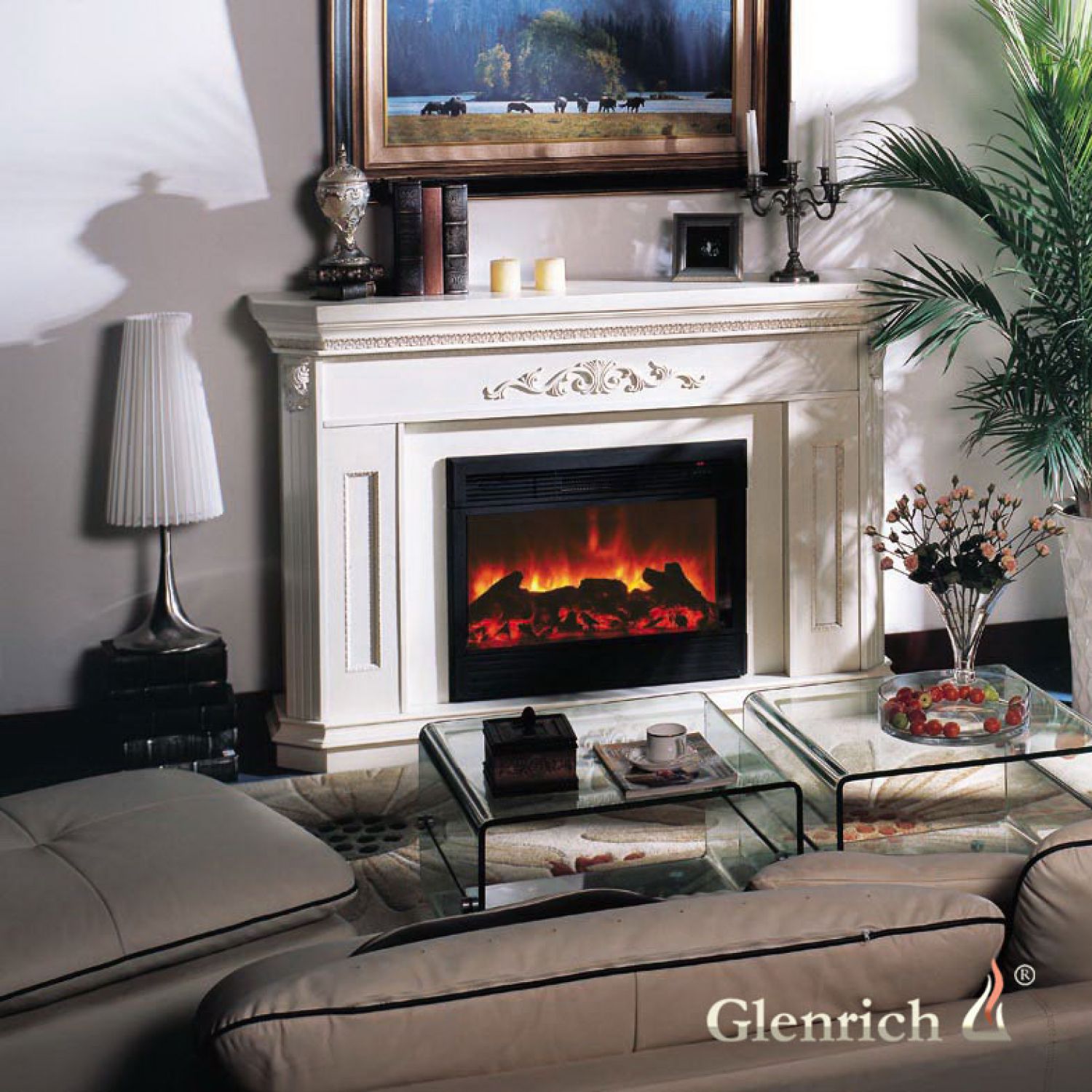 Телевизор с эффектом камина. Electric Fireplace камин. Glenrich Бахус с каминокомплект классический Premier s14 белый.